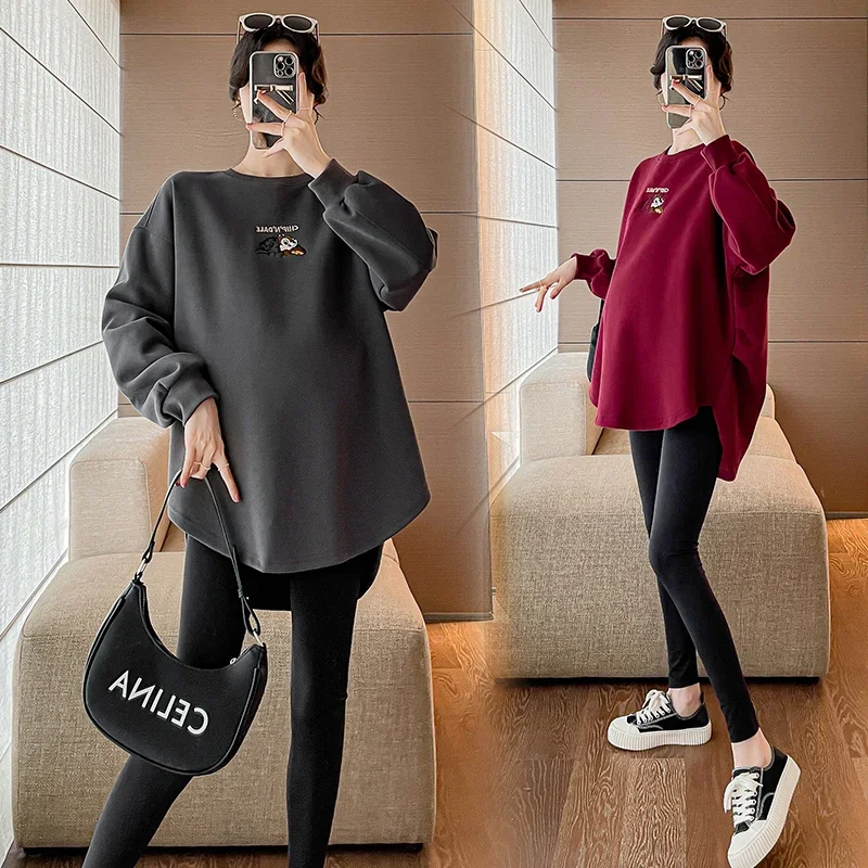 Autumn Maternity Hoodies Fashion Embroidery Long Loose Irregular Pregnant Woman Sweatshirt Plus Size Pregnancy Pullover Top