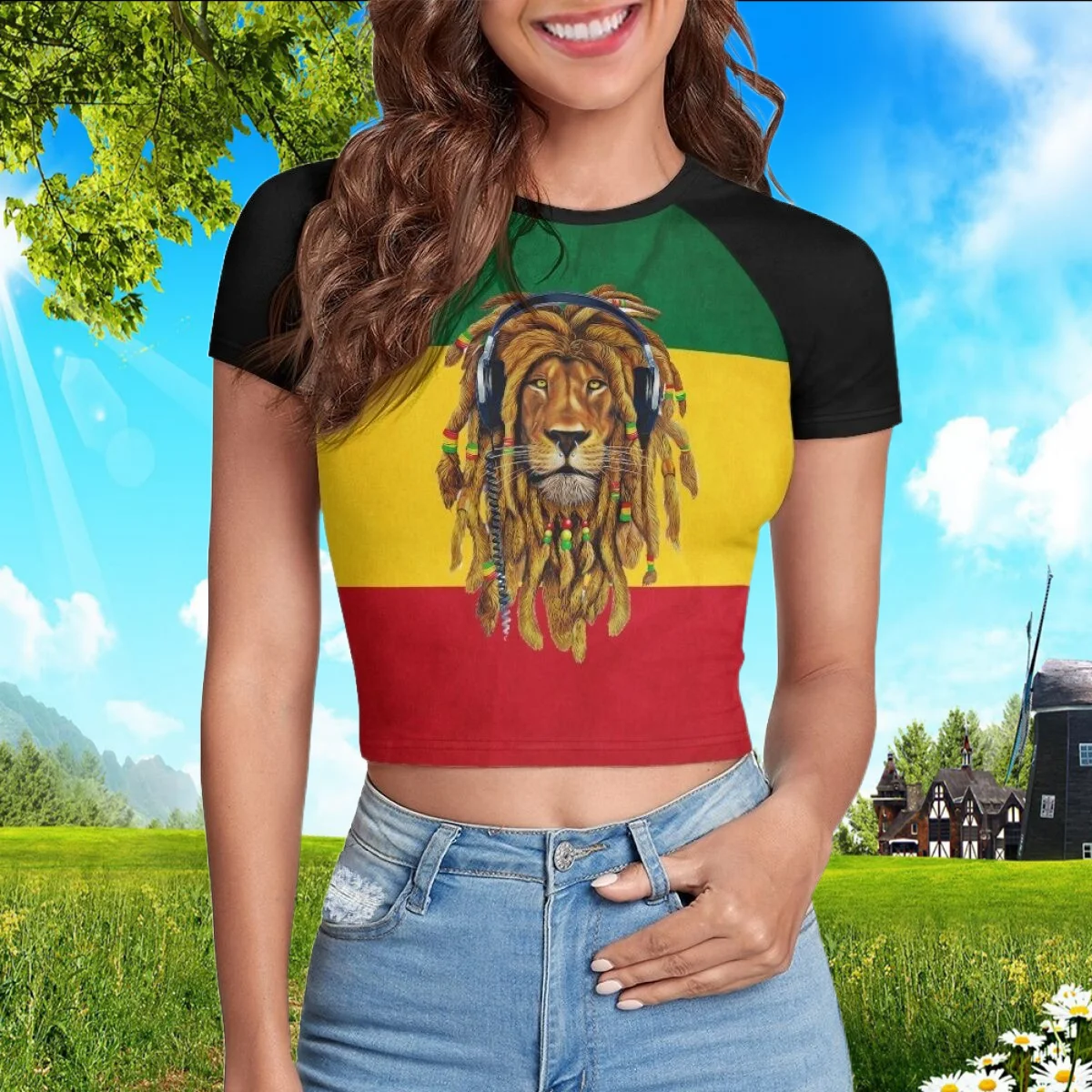 

Doginthehole Women's Short Sleeve T-shirts Reggae Rastafarian Rasta Rastafari Lion Of Judah Tight Slim Crop Tops for Teen Girls