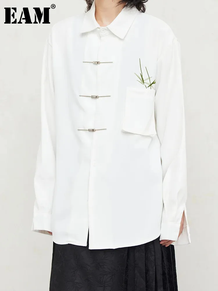 

[EAM] Women White Embroidery Big Size Vintage Blouse New Lapel Long Sleeve Loose Fit Shirt Fashion Spring Autumn 2024 1DH1729