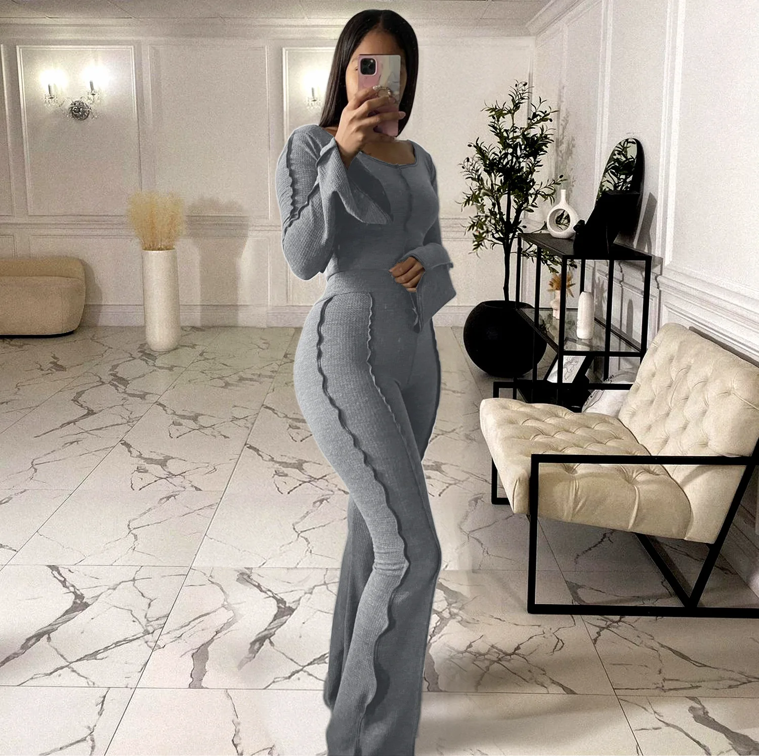 Spring 2023 Women's Two-Piece Long-Sleeved Top + Flared Pants Sports Suit Casual Lady Commuting 2-Piece Set Outfits