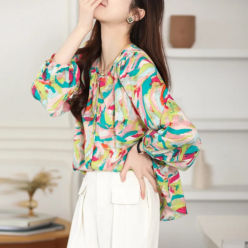 Spring Summer Vacation Casual Printed Blouses Chic Loose Vintage Long Sleeve Fashion All-match Loose Shirt Tops