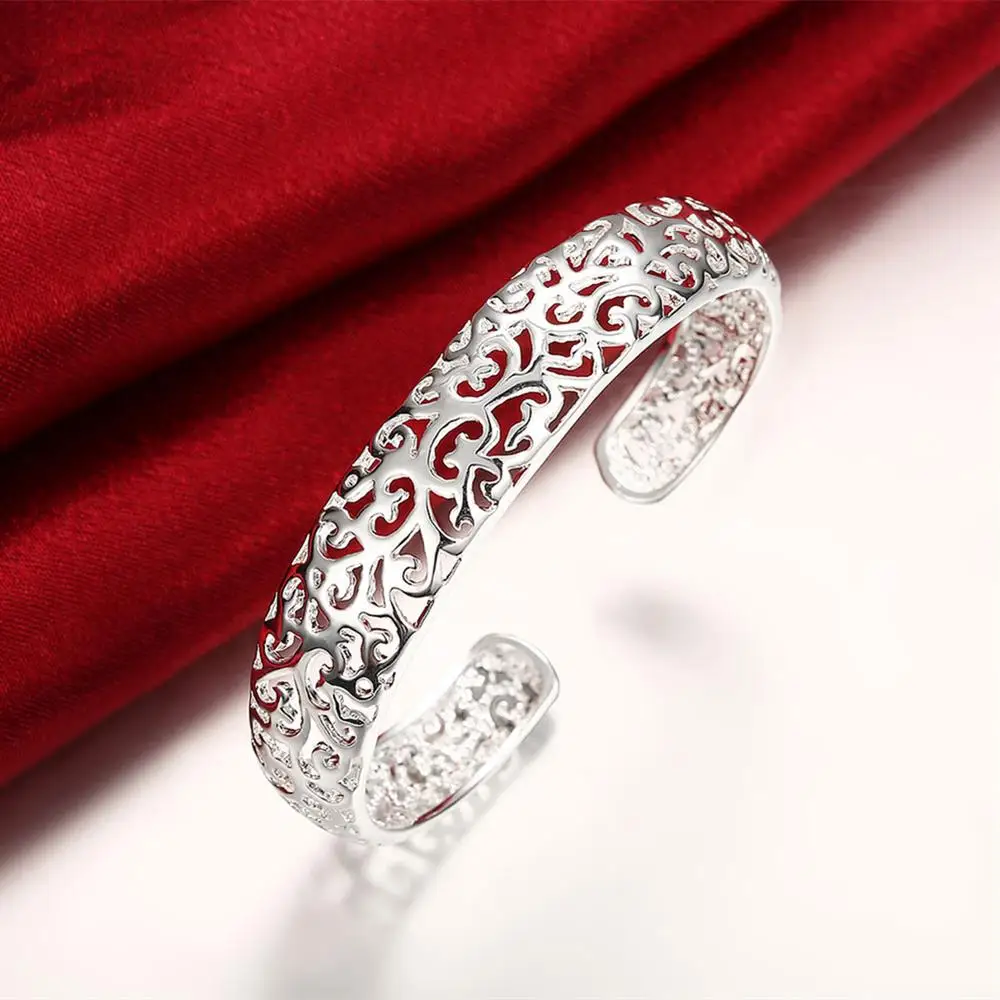 

Fine 925 Sterling Silver Hollow pattern bangles Bracelets for Women adjustable Fashion luxury Jewelry wedding Party lady Gift