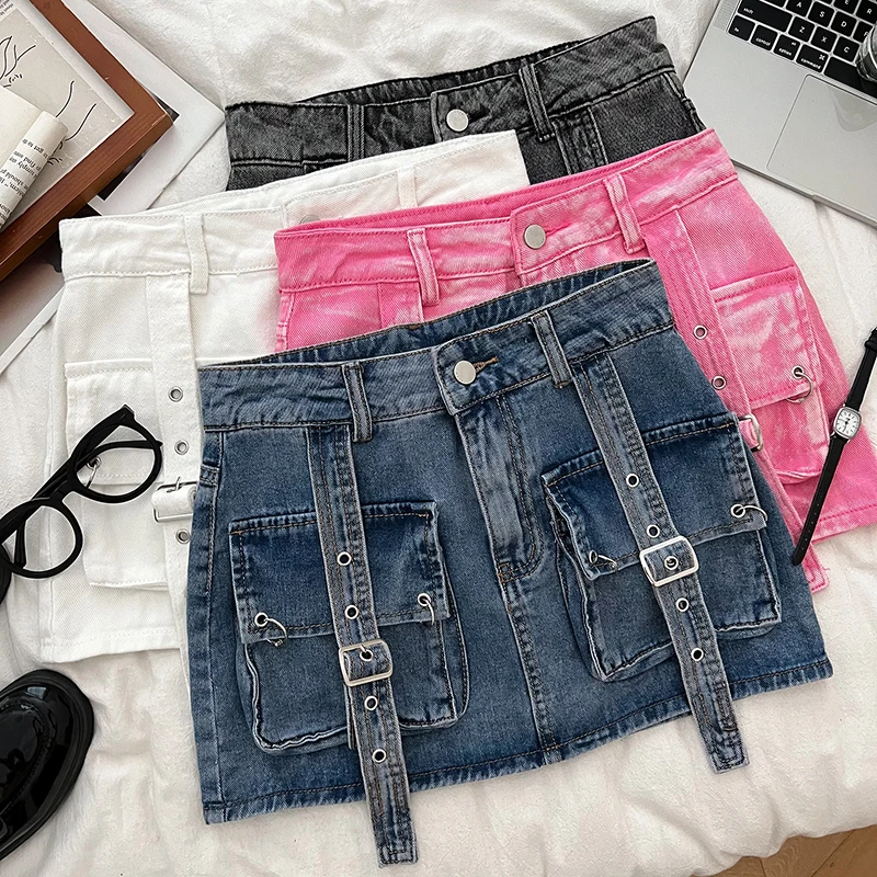 

Jeans Skirts Retro hot girl fashion all-match high waist slimming double Pocket Workwear Denim Skort skirt hip Faldas Clothes