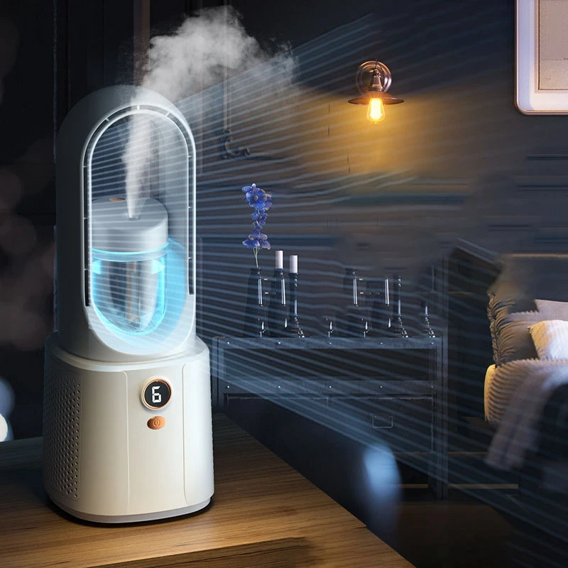 Bladeless Fan Leafless Spray Fan Portable USB Mute Desktop Bedroom Night Light Humidifying Electric (White)