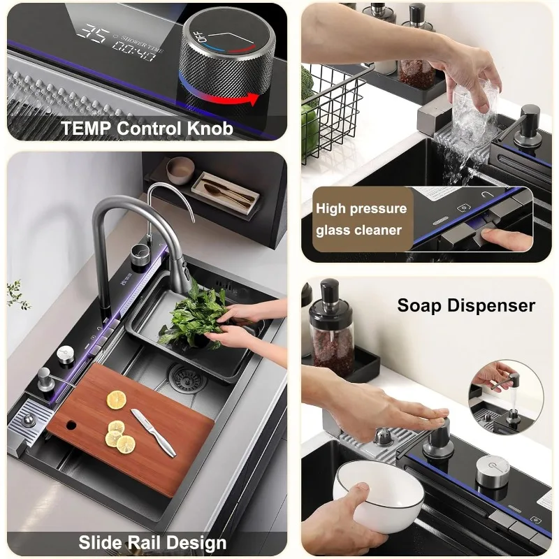 Black Kitchen Sink, Smart Waterfall Kitchen Sink  Drop in Kitchen Sink Workstation - 304 Stainless Steel Sink 2