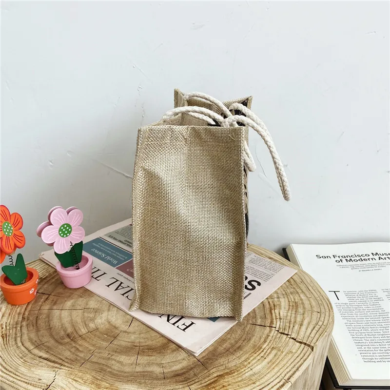 Bear Jute Burlap Tote Bag with Handles Japanese Linen Bento Bag 