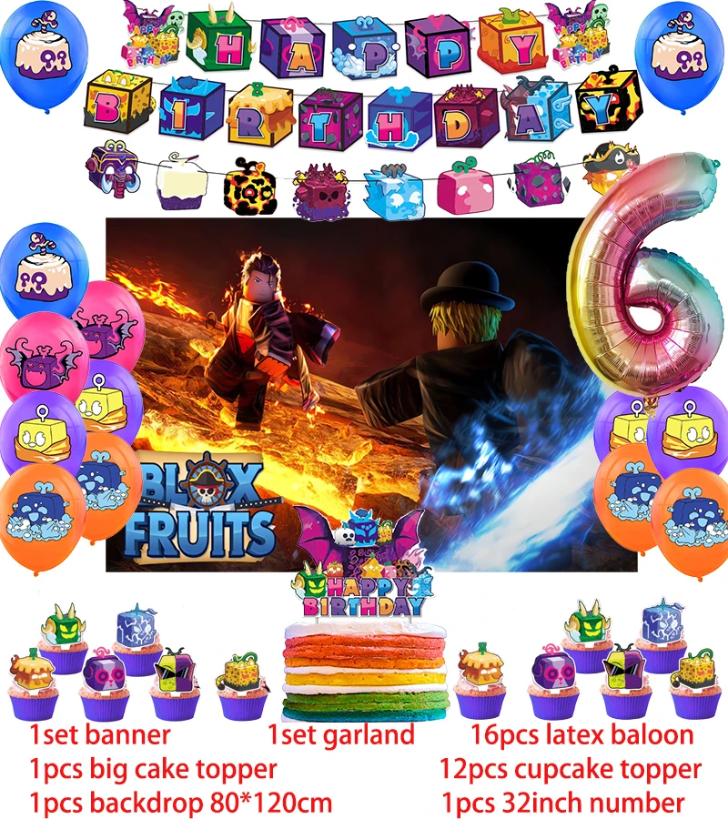 Description Picture 4 of itemBlox Fruits Birthday Party Decoration Balloon Banner Backdrop Cake Topper Blox Fruits Party Supplies Baby Shower