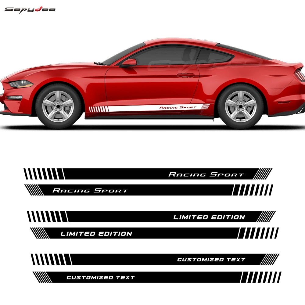 

2Pcs Racing Sport Car Door Side Skirt Sticker Limited Edition Text Customized Long Stripes Decals for Ford Mustang Accessories