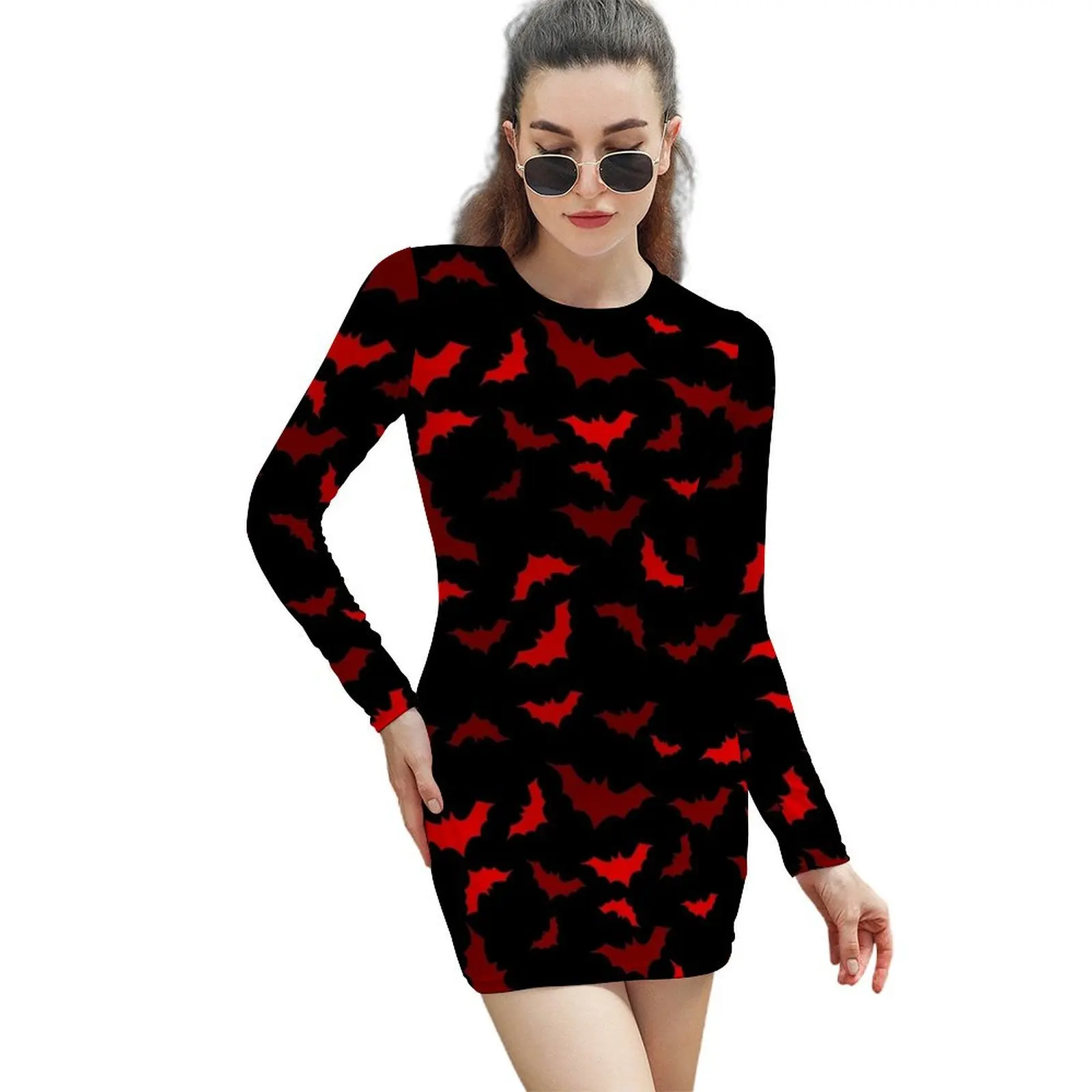 

SPOOKY RED AND BLACK HALLOWEEN BATS! Long-Sleeved Sheath Dress birthday dress Women's summer skirt