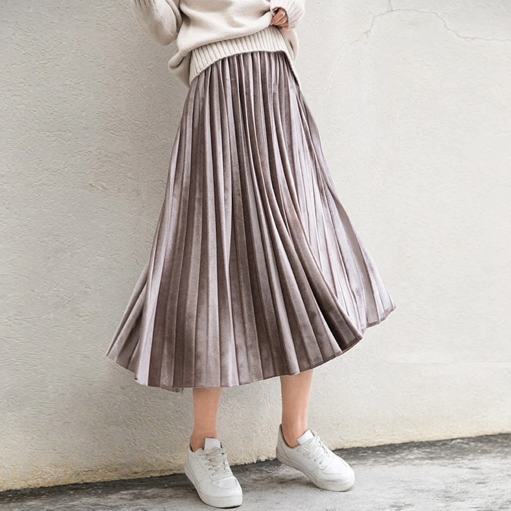 Spring 2022 Women Long Metallic Silver Maxi Pleated Skirt Midi Skirt High Waist Elascity Casual Party Skirt tweed skirt