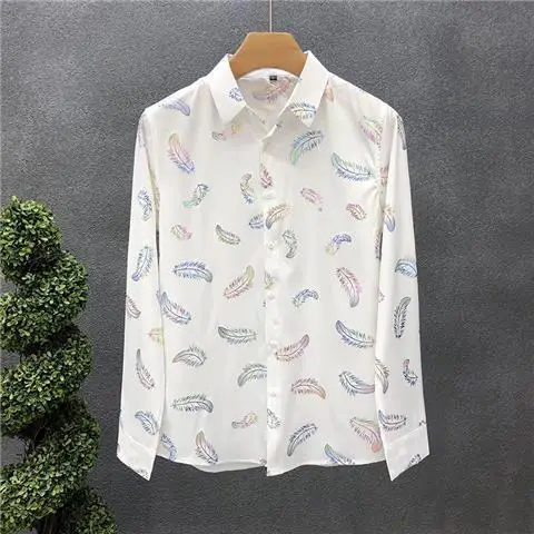 

Spring Autumn Polo-neck Loose Casual Feather Printing Cardigan Blouse Male Long Sleeve Fashion All-match Shirt Men Oversized Top