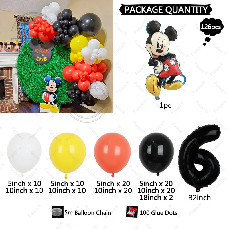 126PCS Disney Mickey Mouse Party Foil Balloons Garland Set Kit Red Black Yellow Latex Balloon 1-9 Kids Boys Birthday Party Decor