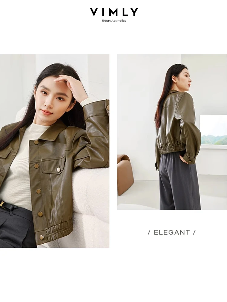 Vimly Lapel Cropped Women's Motorcycle Leather Jacket Loose Long Sleeve Coats 2023 Autumn New in Outerwear Female Clothing 16137