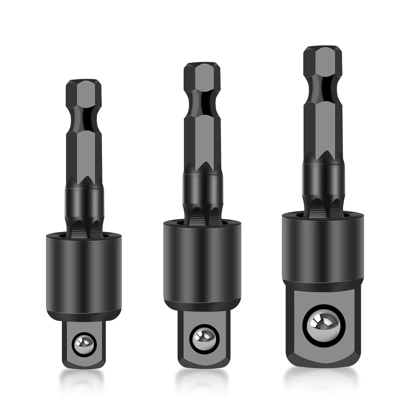 3PC Wobble Socket Adapters Universal Joint Swivel Socket Set, 1/4 Inch Hex Shank to 1/4 3/8 1/2 Square Drives