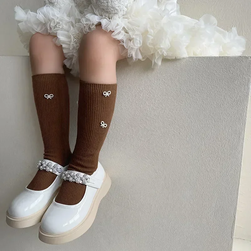 Kids Girls Pearl White Bow Sock Simple Korean Bow New Calf Knee High Long Sock for Children Spring Autumn Cotton School Sock