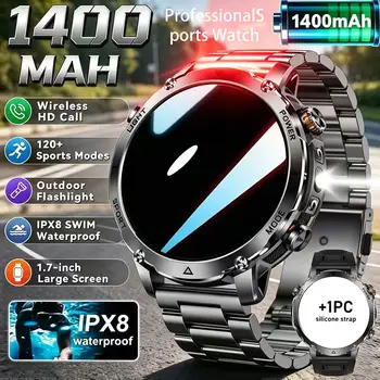 Smartwatch da uomo, touchscreen ultra-grande ad alta definizione da 1,7 pollici, batteria da 1400 mAh, torcia a LED, oltre 120 modalità sportive, wireless