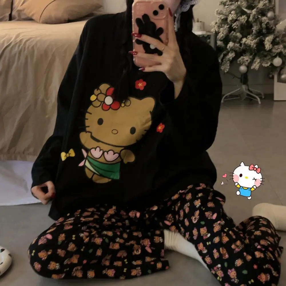 

Kawaii Sanrios Hello Kitty Sleepwear Cartoon Kt Cat Autumn New Cotton Black Leisure Long Sleeved Household Clothes Cute Pajamas