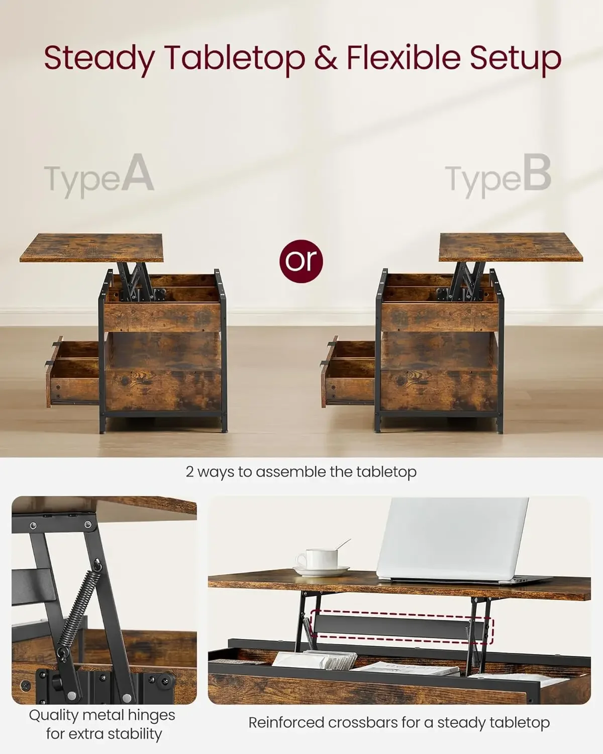 Lift Top Coffee Table with Storage Drawers, Coffee Table for Living Room with Lifting Top, Hidden Compartments and Open Shelf 6