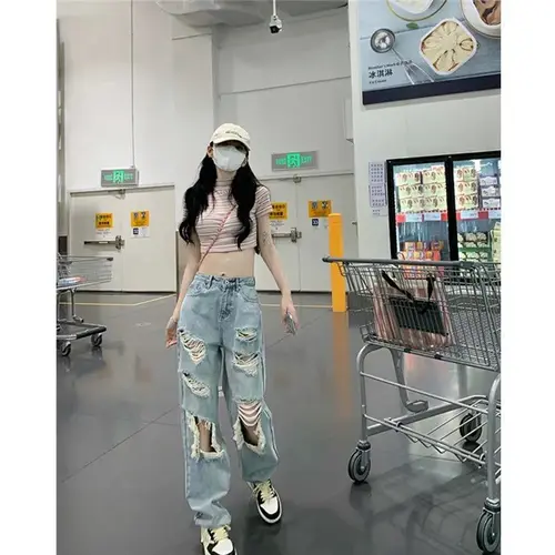 Large Washed 2022 Tattered Jeans Women's Spring and Summer Hot Girls High Waist Straight Tube Loose Beggar Wide Leg Pants 5