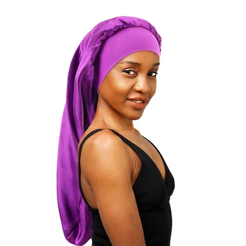 New Women Long Satin Bonnet Sleep Cap Silky Sleeping Cap with Wide Elastic Band Hair Care Turban Braids Curly Hair Natural Hair