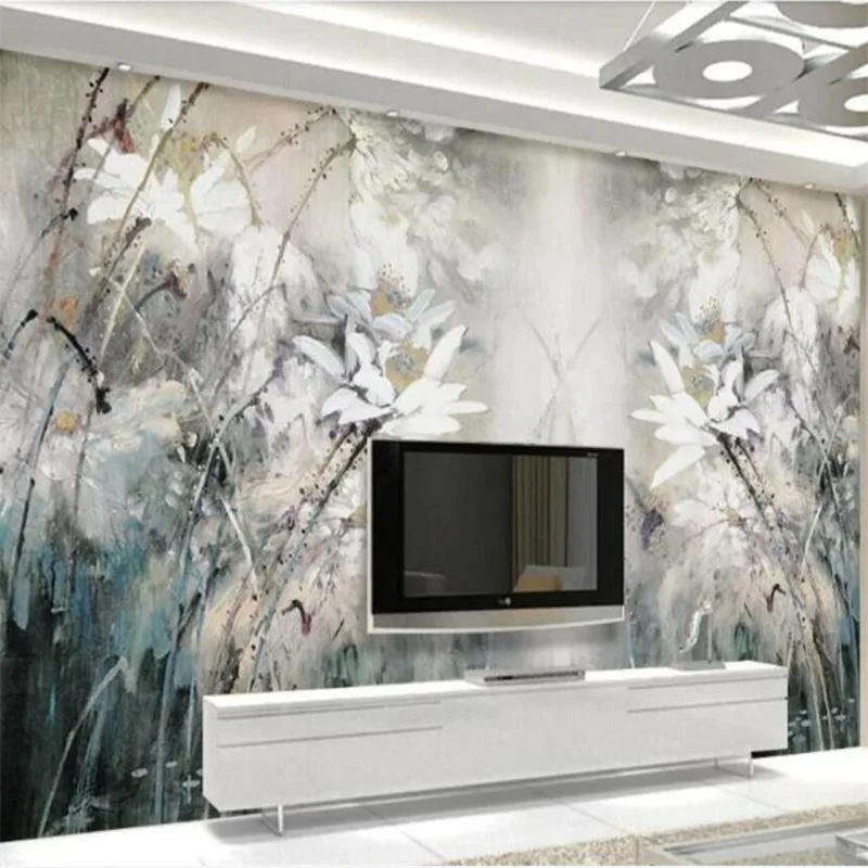 

Vintage oil painting Lotus mural hand-painted living room sofa TV background wall decorative painting Customized 3d wallpapers