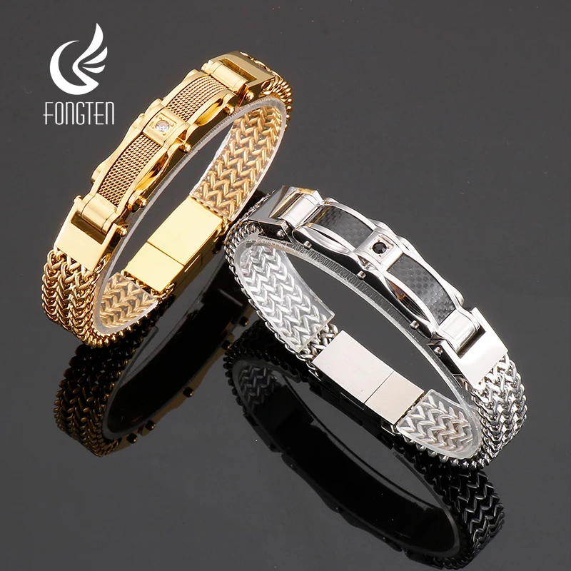 

Fongten Mesh Chain Bracelet For Men Stainless Steel Magnet Clasp Men Bangle Bracelet Gold Silver Color Rhineston Armband Jewelry