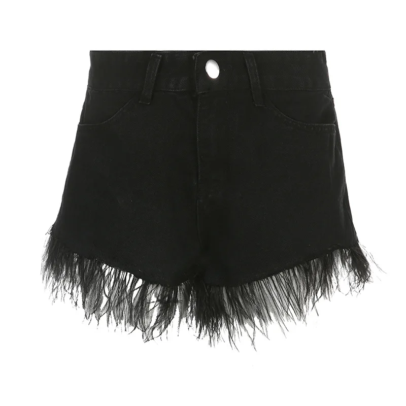 

Summer 2023 Women's Jean Shorts Black High Waist Zipper Patchwork Feather Personality Denim Shorts