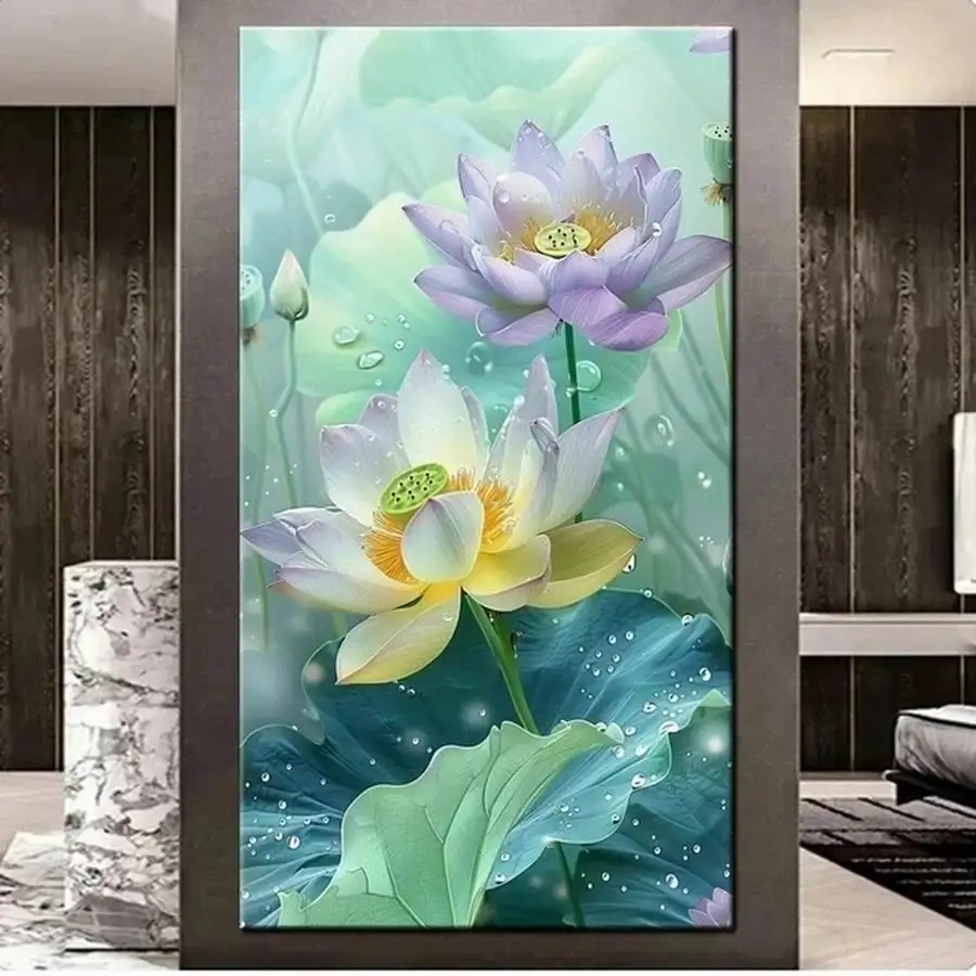 Tamanho grande Pintura Diamante de Gota de Água e Lótus, Quadrado Completo e Broca Redonda, Mosaico Bordado Imagem, DIY Wall Decor, Flores