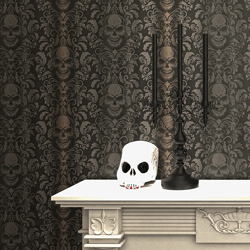 Retro Skull Black Gold Room Wallpaper Peel And Stick Waterproof Skeleton Wall Stickers Removable Durable Cabinet Contact Paper 35mm genuine leather belt pure titanium automatic roller buckle casual retro top grain cowhide durable waistband 105 130cm