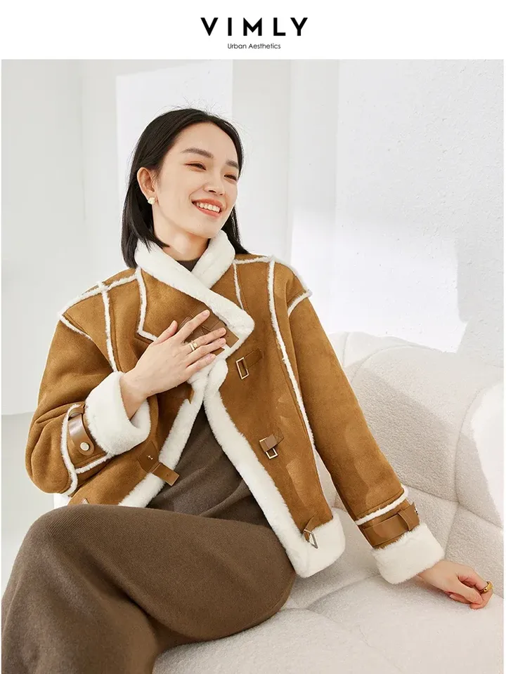 Vimly Thicken Warm Faux Fur Coats Women 2024 Double Faced Fur Contrast Fleece Loose Short Winter Coats Female Overcoat 50711