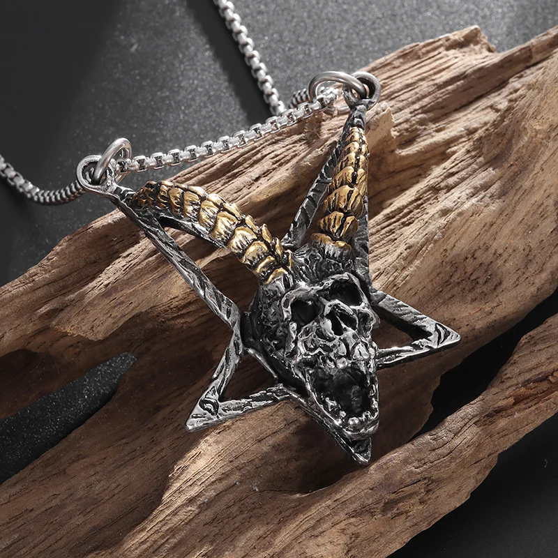 

Retro Gothic Skull Pentagram Pendant Necklace Men's Punk Religious Ram Horns Amulet Jewelry