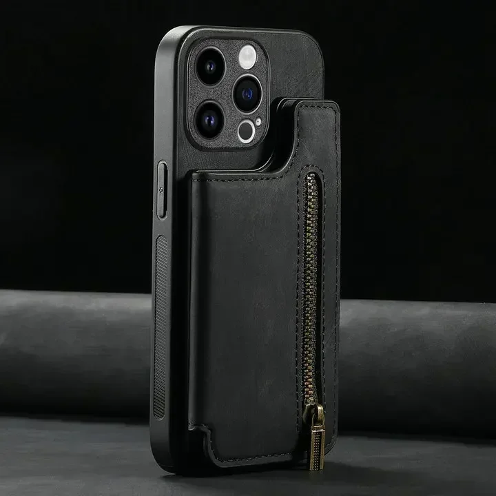 Luxurious Leather Zip Wallet Phone Case with Magnetic Back Cover
