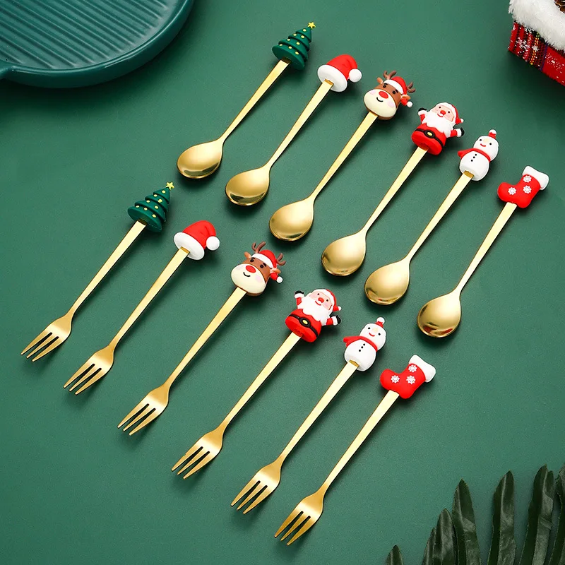 Leeseph Christmas Coffee Spoons Forks Set 6Pcs Stainless Steel Spoon Forks Christmas Gifts for Kids Red Green Gift Box Set stainless steel spoon cutlery set