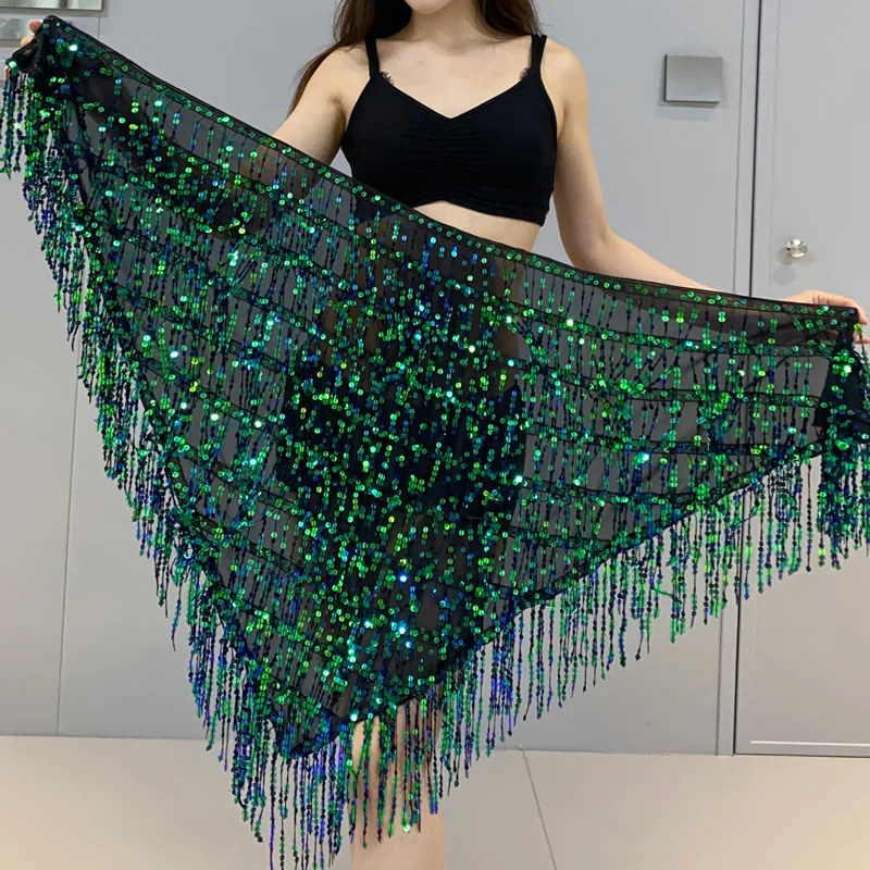 

New Belly Dance Hip Scarf Triangle Mesh Diamond HipTowel Multi Layer Tassel Beaded Waist Chain Group Versatile Practice