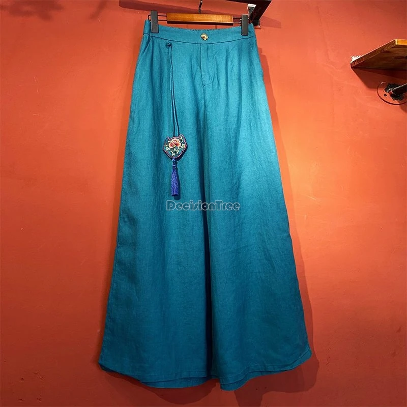 

2024 new retro chinese style loose wide leg trousers elegant temperament tassel pants solid color versatile cotton linen pants