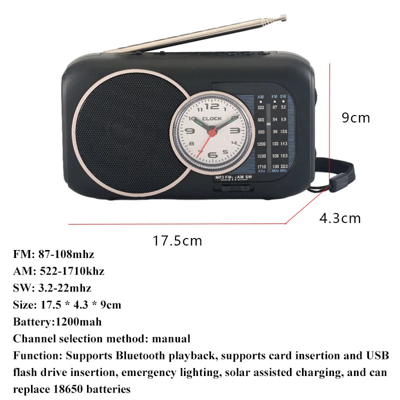 Mini Portable FM AM SW Radio Solar Charging Emergency Radios Receiver Wilress Bluetooth Speaker with Clock Support U Disk TF Car