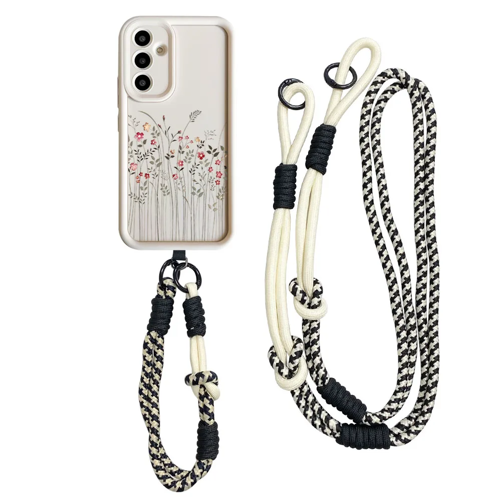 Floral Crossbody Lanyard Phone Case with Necklace Strap and Wrist Chain Cover