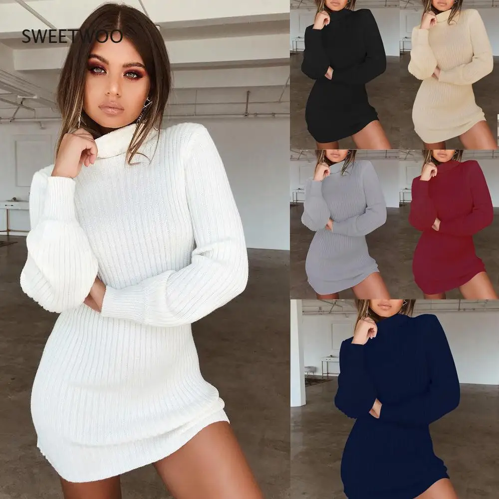 

2022 Fall High Neck Long Sleeve Knitted Sweater Basic Base Dresses Sexy Office High Neck Slim Warm Winter Long Sweater Dress