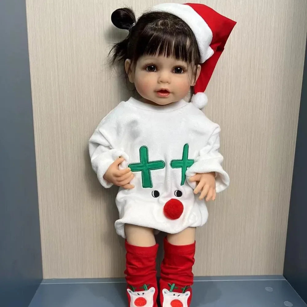 

55cm All Silicone Christmas Set Reborn Smile Doll Girl's Realistic Black Hair for Children, Soft and Tactile High-quality Doll