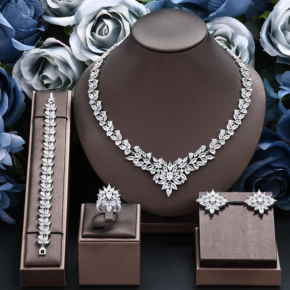 

2024 New 4-piece Bride Zirconia Full Set Women's Party Jewelry Set Dubai Nigeria Crystal Wedding Jewelry Set