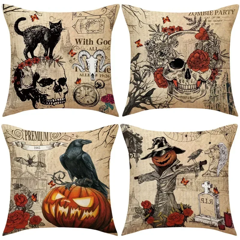 

40/45/50/60cm Living Room Halloween Sofa Pillowcase Terrifying Skull Pumpkin Crow Printed Cushion Covers Home Decor Pillow Cover