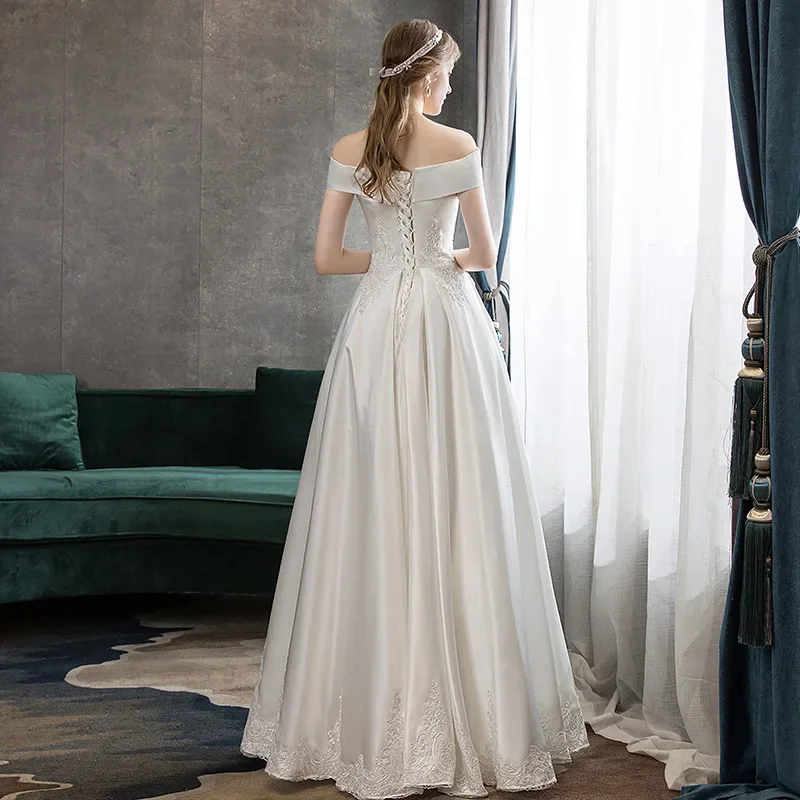 Vintage Hepburn Off The Shoulder Satin Light Wedding Dress 2024