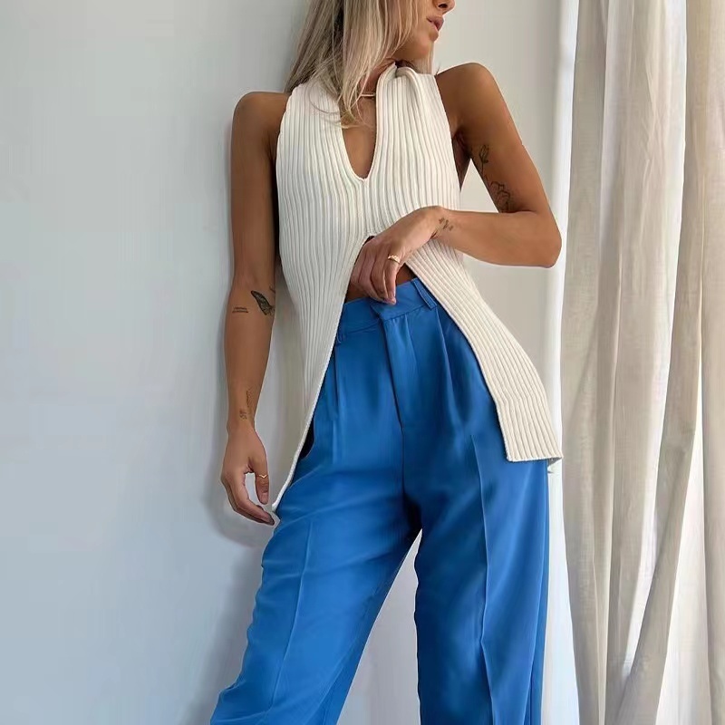 Plunge Slit Front Tank Top Women Sleeveless Rib-knit Camis and Tanks Top Summer Ladies Korean Fashion Chic Vacation Beach Outfit