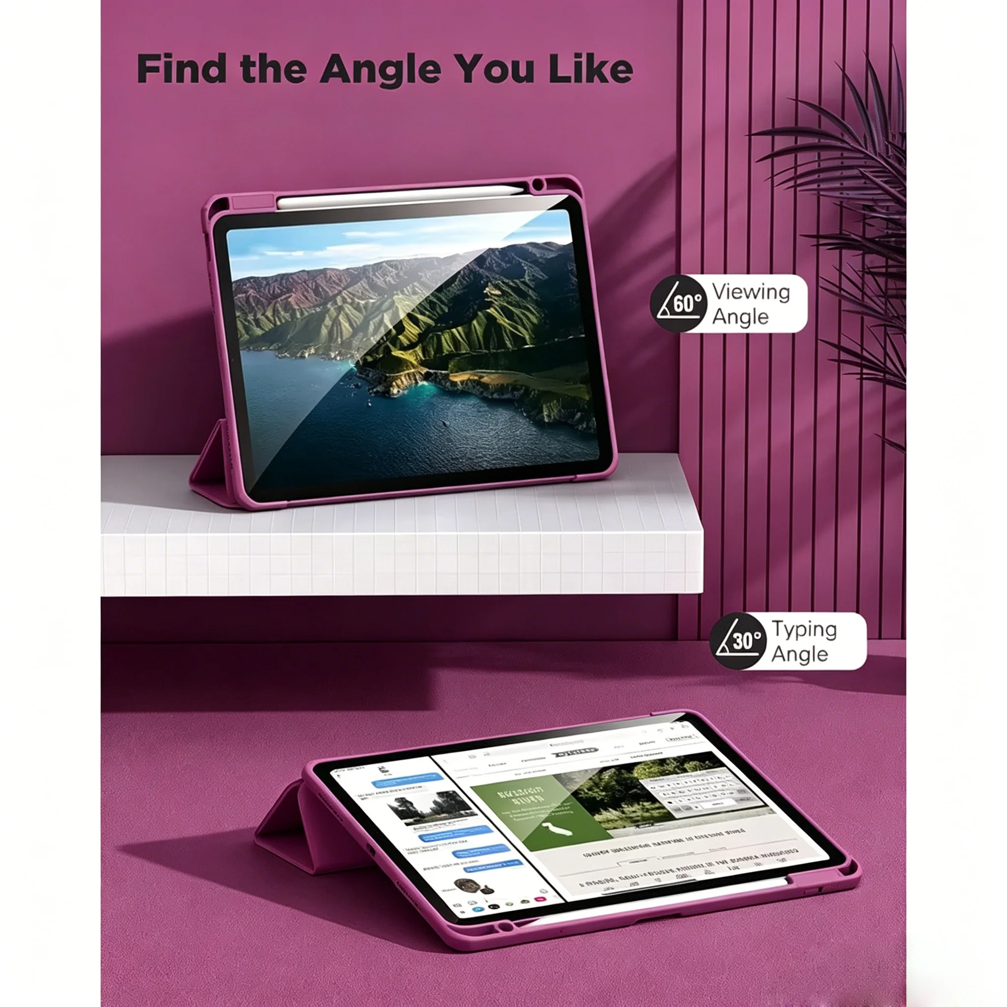 Sleek Trifold Stand Smart Cover with Pencil Holder & Soft TPU Back - Auto Sleep/Wake Functionality