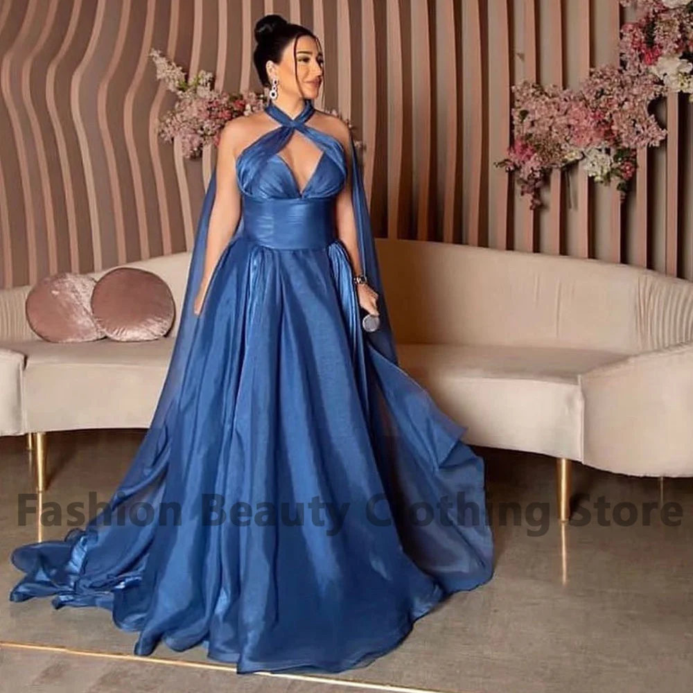 

Chiffon A-Line Prom Dress Halter Neck With Shawl Draped Brush Train Saudi Arabian Vintage Women's Fashion Vestidos De Gala 2023