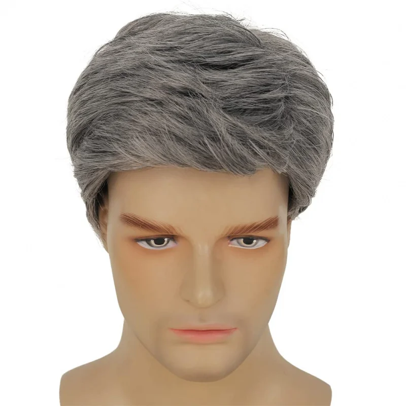 Parrucca Corta Grigia da Uomo, Sintetica, per Costume di Halloween, Morbida, a Strati, Effetto Naturale (Grigio) - immagine 6