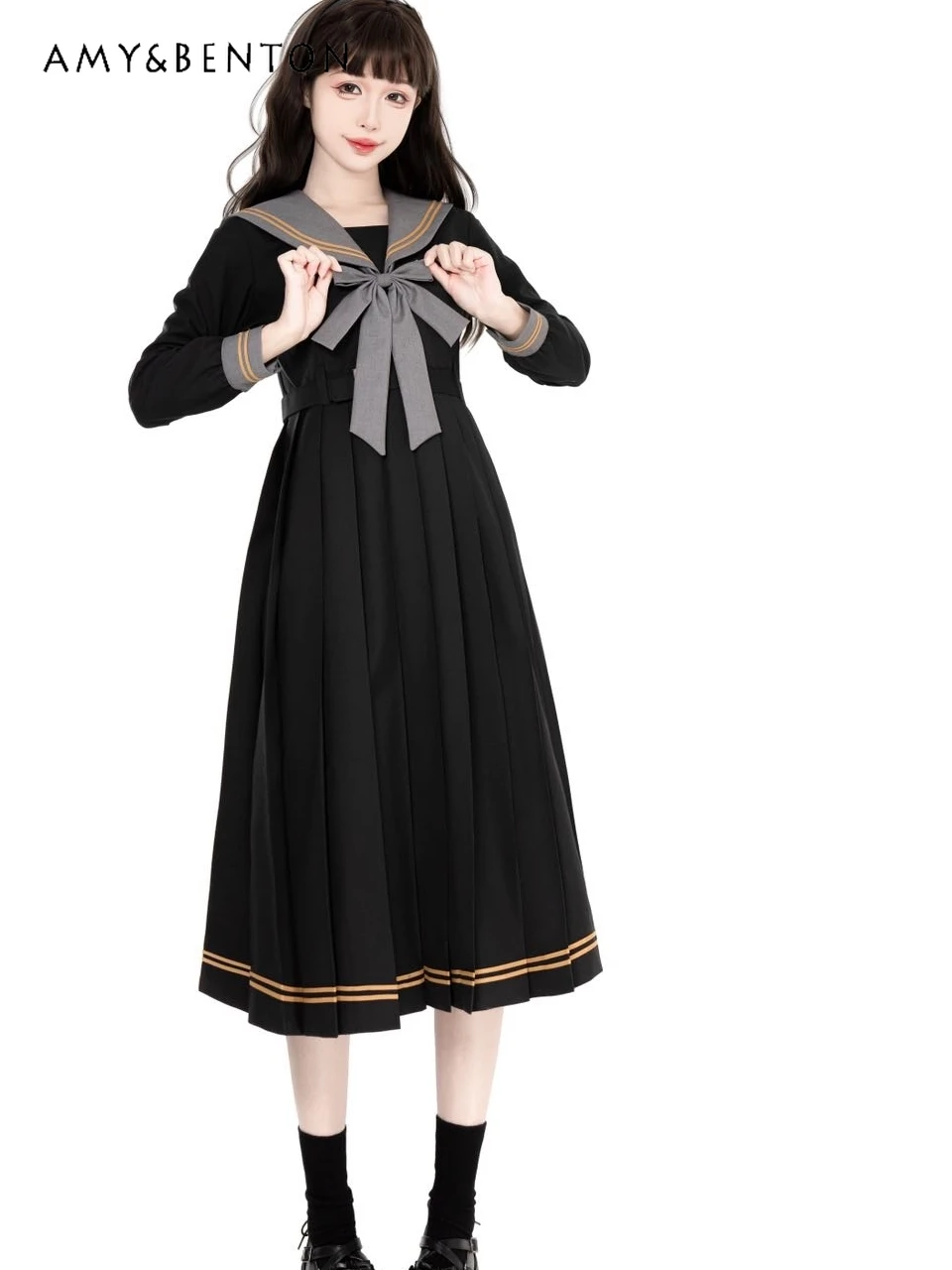 

Original JK Uniform Japanese Cute Sailor Collar Long Sleeve Color Matching Mid-calf Dresses Preppy Style Sweet Slim Black Dress