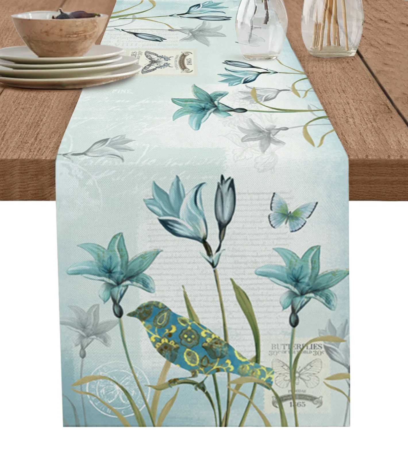 

Rustic Vintage Tulip Flower Bird Linen Table Runner Kitchen Table Decoration Farmhouse Dining Table Cloth Wedding Party Decor