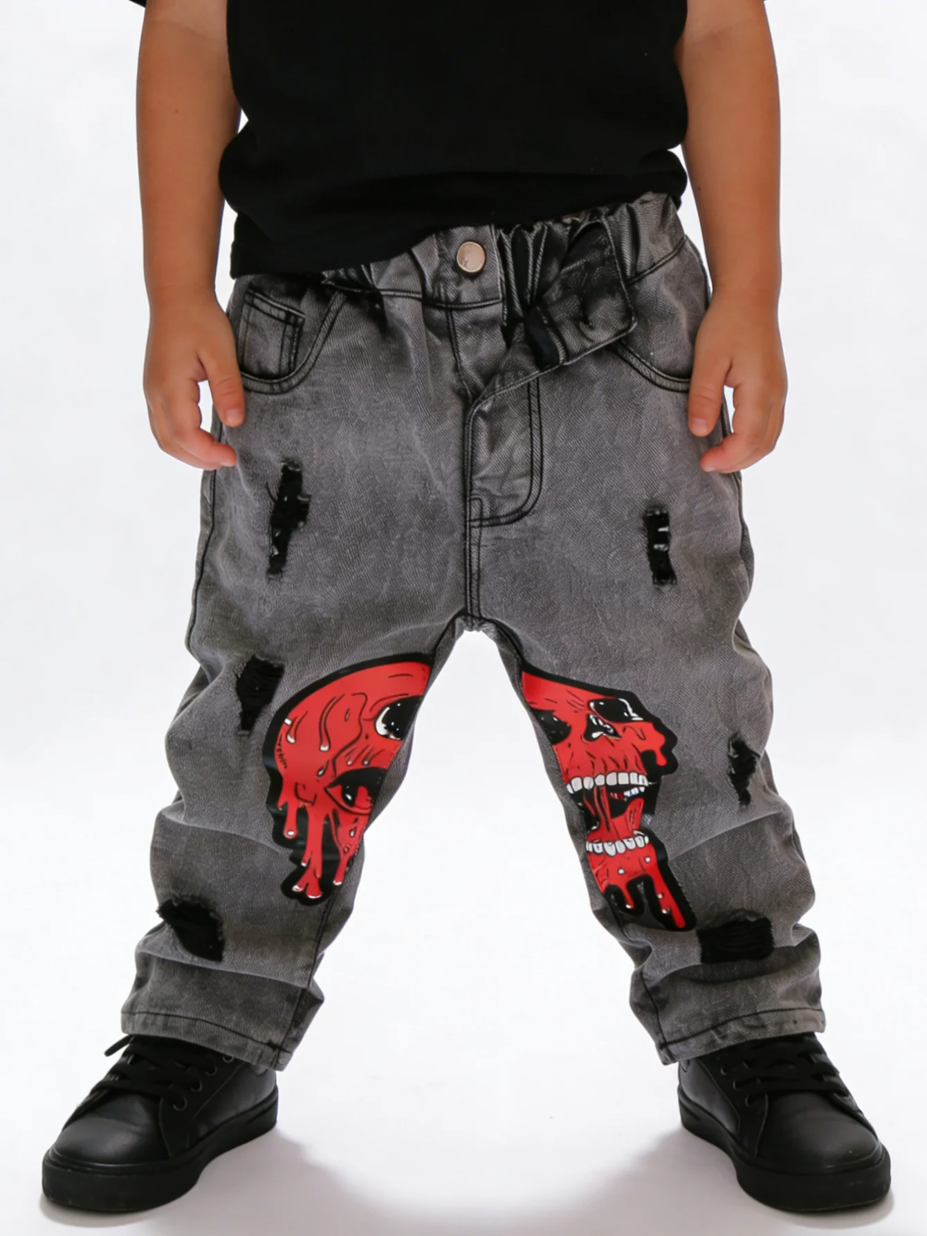  남아 해골 드립 프린트 데님 청바지, 신축성 있는 허리라인의 애시드 워싱 디스트레스드 청바지, 캐주얼 스트리트웨어 키즈 바지