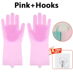 Magic Silicone Dishwashing and Cleaning Gloves with Scrubbing Bristles (Pink - Hook)